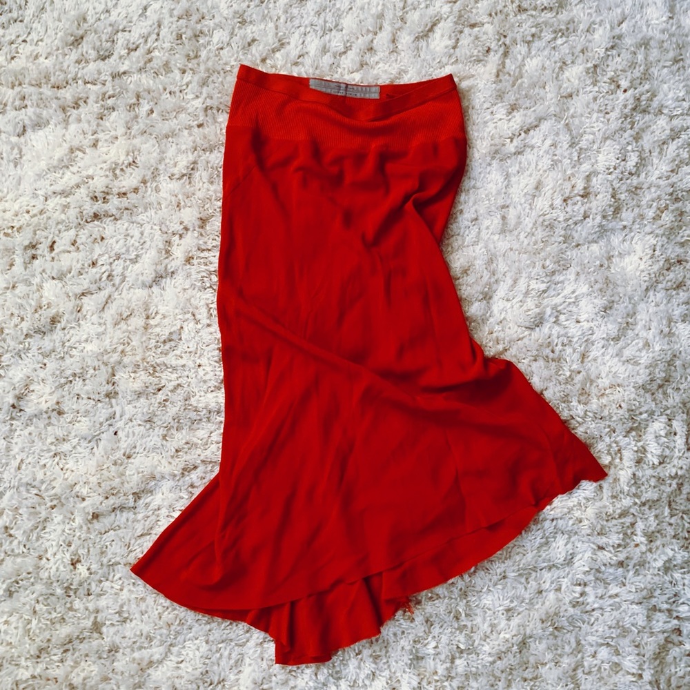 Rick Owens red skirt. Bias cut silk with ribbed cotton top.